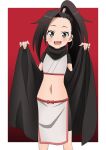  1girl belly black_cape cape eyelashes fangs grey_eyes halloween halloween_costume highres kunoichi_tsubaki_no_mune_no_uchi long_hair looking_at_viewer navel ninja open_mouth ponytail red_background riokasen solo tsubaki_(kunoichi_tsubaki_no_mune_no_uchi) vampire_costume 