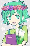  1boy antenna_hair book commentary_request floral_background flower green_eyes green_hair haku_le head_wreath highres male_focus open_mouth original signature smile solo tulip upper_body 
