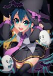  1girl adjusting_clothes adjusting_headwear aqua_eyes aqua_hair bangs bat_(animal) black_nails black_sleeves black_thighhighs blouse blue_bow bow candy collared_shirt commentary detached_sleeves food forute_na ghost graveyard grey_shirt halloween halloween_costume hat hat_bow hatsune_miku highres jack-o&#039;-lantern_ornament leaning_forward long_hair looking_at_viewer necktie open_mouth purple_necktie shirt sleeveless sleeveless_shirt smile solo standing thigh-highs twintails vocaloid wing_collar witch_hat 