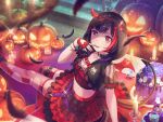 bang_dream! black_hair blush demon demon_girl dress halloween hoodie mitake_ran official_art pumpkin red_eyes short_hair smile