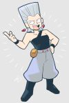  1boy boots earrings flattop full_body grey_hair haku_le hand_on_hip index_finger_raised jean_pierre_polnareff jewelry jojo_no_kimyou_na_bouken male_focus open_mouth pouch signature smile solo stardust_crusaders 