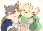  2boys :p animal_ears animal_nose blush brown_eyes brown_fur chest_tuft collared_shirt commentary_request cu_sith_(housamo) dog_boy dog_ears dog_tail eyebrow_cut fangs furry furry_male gakuran green_eyes green_jacket green_scarf jacket kinoko3331 male_focus moritaka_(housamo) multicolored_clothes multicolored_jacket multiple_boys open_clothes open_jacket scar scar_on_face scarf school_uniform shirt short_hair tail thick_eyebrows tokyo_afterschool_summoners tongue tongue_out two-tone_jacket upper_body white_shirt yellow_background yellow_fur 