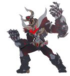  1boy absurdres armored_boots armored_gloves black_footwear boots buffalo bull catball1994 character_request chinese_commentary copyright_request fang fighting_stance highres horns male_focus mechanical_arms minotaur monster pose warrior 