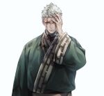  bandages blind blood blood_on_clothes blood_on_face green_robe hand_on_own_face highres jigokuraku looking_at_viewer robe scar scar_across_eye short_hair simple_background solo spiky_hair ushi_424 white_background white_eyes white_hair wristband yamada_asaemon_shion 
