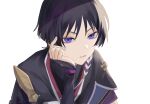  1boy 448041737 arm_armor bangs black_hair black_shirt blunt_bangs closed_mouth fingernails genshin_impact hair_between_eyes hand_on_own_face hand_up looking_at_viewer male_focus mandarin_collar no_headwear pom_pom_(clothes) scaramouche_(genshin_impact) shirt short_hair short_sleeves simple_background solo teeth upper_body v-shaped_eyebrows violet_eyes white_background 