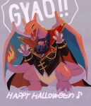  charizard claws closed_eyes clothed_pokemon commentary fangs fire flame flame-tipped_tail happy_halloween highres mo~zu musical_note no_humans open_mouth pokemon pokemon_(creature) solo standing symbol-only_commentary tongue 