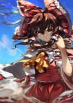  1girl ascot bangs blue_sky bow brown_eyes brown_hair closed_mouth clouds commentary_request cowboy_shot creeper_(gametime) day detached_sleeves dust frilled_bow frilled_hair_tubes frills hair_between_eyes hair_bow hair_tubes hakurei_reimu hand_up highres long_hair looking_at_viewer outdoors red_bow red_skirt red_vest ribbon-trimmed_sleeves ribbon_trim scarf skirt sky solo touhou vest white_sleeves yellow_ascot 