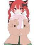  1girl absurdres animal_ears blush braid cat_ears highres kaenbyou_rin kashiwara_mana light_smile looking_at_viewer red_eyes redhead scarf simple_background solo touhou twin_braids twintails white_background winter_clothes 
