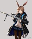  1girl absurdres ai_arctic_warfare amiya_(arknights) animal_ears arknights ascot black_ascot black_jacket black_pantyhose blue_collar blue_eyes blue_skirt bolt_action brown_hair collar grey_background gun highres holding holding_gun holding_weapon jacket jewelry long_hair long_sleeves multiple_rings neck_ring nui_gurumi open_clothes open_jacket pantyhose rabbit_ears rabbit_girl rifle ring shirt sidelocks simple_background skirt sniper_rifle solo weapon white_shirt 