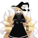  1girl absurdres animal_ear_fluff animal_ears arknights bangs black_capelet black_dress black_headwear blonde_hair blush capelet closed_mouth dress ears_through_headwear fox_ears fox_girl fox_tail green_eyes hair_between_eyes hat highres holding holding_lantern kyuubi lantern long_hair looking_at_viewer multiple_tails rylaera simple_background smile solo star_(symbol) suzuran_(arknights) tail tilted_headwear very_long_hair white_background witch_hat 