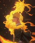  2boys all_might bakugou_katsuki bangs black_jacket blonde_hair boku_no_hero_academia brown_background closed_mouth collared_shirt fire from_side hand_on_another&#039;s_head hand_on_another&#039;s_shoulder highres hug jacket long_hair long_sleeves male_focus multiple_boys open_clothes open_jacket shiny shiny_hair shirt short_hair spiky_hair trubwlsum upper_body watermark white_shirt yagi_toshinori 