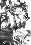  1girl :d animal_ears bangs bow braid breasts cat_ears chidori_nekoro dress extra_ears greyscale hair_bow hair_ribbon kaenbyou_rin leaning_forward long_hair looking_to_the_side medium_breasts monochrome open_mouth pointy_ears ribbon skull smile solo swept_bangs touhou tress_ribbon twin_braids 