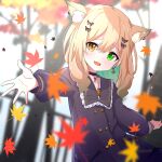  1girl :d ame. animal_ear_fluff animal_ears autumn_leaves bangs black_choker black_coat blonde_hair blurry blurry_foreground blush bow choker coat collarbone commentary_request depth_of_field green_eyes green_hair hair_between_eyes hair_bow heterochromia highres ibara_muan indie_virtual_youtuber leaf long_hair long_sleeves looking_at_viewer maple_leaf multicolored_hair puffy_long_sleeves puffy_sleeves railing smile solo tree two-tone_hair virtual_youtuber yellow_eyes 