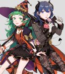  2girls absurdres alternate_costume ascot bangs black_dress black_headwear black_jacket black_pantyhose black_shorts black_suit blazer blue_eyes blue_hair blunt_bangs braid broom byleth_(fire_emblem) byleth_(fire_emblem)_(male)_(cosplay) byleth_eisner_(female) byleth_eisner_(male) candy commentary_request cosplay demon_horns demon_tail dress fake_horns fake_tail fire_emblem fire_emblem:_three_houses fire_emblem_heroes food formal gloves green_eyes green_hair grey_background hair_between_eyes halloween halloween_costume hat highres holding holding_broom holding_candy holding_food holding_lollipop horns jacket lollipop long_hair long_sleeves looking_at_viewer messy_hair multicolored_clothes multicolored_dress multiple_girls official_alternate_costume open_clothes open_jacket open_mouth orange_dress pantyhose peach11_01 pink_ascot pointy_ears puffy_short_sleeves puffy_sleeves short_shorts short_sleeves shorts simple_background smile sothis_(fire_emblem) striped striped_jacket suit tail twin_braids twitter_username very_long_hair white_gloves witch witch_hat 