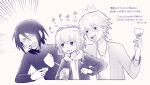  3boys cup drinking_glass greyscale haku_le headpat heart holding holding_cup jacket male_focus monochrome multiple_boys open_mouth rat_(milky_holmes) signature smile stone_river sweater tantei_opera_milky_holmes translation_request twenty_(milky_holmes) wine_glass 