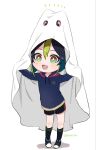  1boy aged_down costume english_commentary fox_boy genshin_impact ghost_costume green_eyes green_hair halloween_costume highres kabe_bo looking_at_viewer male_child male_focus multicolored_hair open_mouth smile solo tighnari_(genshin_impact) white_background 