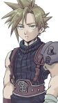  1boy als8za armor bandaged_arm bandages belt blonde_hair blue_eyes blue_pants blue_shirt cloud_strife cowboy_shot earrings final_fantasy final_fantasy_vii gloves hair_between_eyes jewelry male_focus muscular muscular_male muted_color pants shirt short_hair shoulder_armor single_bare_shoulder single_earring sleeveless sleeveless_turtleneck solo spiky_hair suspenders turtleneck white_background 