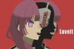  1girl @_@ absurdres alcohol alcohol_carton bocchi_the_rock! commentary dorarin english_commentary english_text highres hiroi_kikuri loveit_(vocaloid) parody portrait purple_hair red_background sake sharp_teeth simple_background solo song_name split_head teeth violet_eyes 