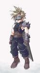  1boy als8za armor baggy_pants bandaged_arm bandages belt blonde_hair blue_pants blue_shirt boots brown_footwear brown_gloves buster_sword cloud_strife covered_eyes earrings final_fantasy final_fantasy_vii final_fantasy_vii_remake full_body gloves hair_between_eyes headset highres jewelry male_focus multiple_belts muscular muscular_male pants shirt short_hair shoulder_armor single_bare_shoulder single_earring sleeveless sleeveless_turtleneck solo spiky_hair suspenders turtleneck virtual_reality weapon weapon_on_back 
