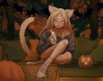  alcohol animal_ear_fluff animal_ears autumn beer black_nails blonde_hair blush cat_ears cat_girl cat_tail extra_ears feet food food_on_face halloween highres kemonomimi_mode looking_at_viewer original outdoors oversized_clothes pumpkin sitting socks solo sweater tail tateoftot thighs tongue tongue_out yellow_eyes 