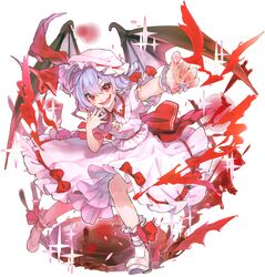  1girl bat_wings black_wings blush full_body hair_between_eyes hat mob_cap open_mouth pink_headwear pink_shirt pink_skirt purple_hair red_eyes remilia_scarlet shirt shoes short_hair short_sleeves simple_background skirt smile socks solo syuri22 touhou white_background white_footwear white_socks wings 