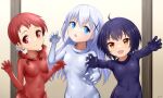  3girls :d ahoge black_hair blue_eyes bodysuit breasts character_request claw_pose commentary_request covered_navel flat_chest gochuumon_wa_usagi_desu_ka? hair_ornament hairclip halloween highres hood hood_down j.c.14 long_hair looking_at_viewer low_twintails multiple_girls red_eyes redhead short_hair small_breasts smile twintails white_hair yellow_eyes zentai 