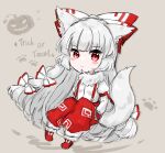  1girl animal_ears bangs blunt_bangs bow closed_mouth collared_shirt english_text fujiwara_no_mokou full_body hair_bow halloween hands_in_pockets highres koharu66353343 long_hair looking_at_viewer red_apnts red_eyes red_footwear shirt simple_background solo suspenders tail touhou trick_or_treat very_long_hair white_bow white_shirt 