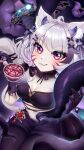  1girl :3 alheitrakzoth animal_ear_fluff animal_ears bangs black_gloves black_pantyhose blush breasts bustier cat_ears cat_girl cat_tail cup facial_mark fang gloves halloween head_wings holding holding_cup horns looking_at_viewer medium_breasts pandreemvtuber pantyhose red_eyes shyrei_faolan skirt tail tentacles virtual_youtuber vyugen whisker_markings 