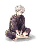  1boy bangs barefoot black_robe closed_eyes gabimaru highres indian_style jigokuraku robe short_hair simple_background sitting smile solo ushi_424 white_background white_hair 