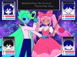  aubrey_(omori) beamed_eighth_notes blue_skin bow cape captain_spaceboy colored_sclera colored_skin dark-skinned_female dark_skin dress eyepatch flail gameplay_mechanics green_cape green_sclera gun hair_bow haku_le heart hero_(omori) jitome kel_(omori) musical_note omori omori_(omori) one_eye_closed open_mouth pink_dress pink_eyes pink_hair planet polka_dot polka_dot_bow quarter_note red_eyes shoulder_pads smile solid_circle_eyes sprout_mole star_(symbol) sweatdrop sweetheart_(omori) translation_request triangle_mouth twintails weapon 