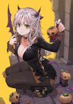  1girl black_dress black_footwear breasts candy collar demon_girl demon_horns demon_tail dress earrings food halloween horns jack-o&#039;-lantern jewelry jun_(seojh1029) large_breasts looking_at_viewer original pantyhose shoes squatting tail weapon yellow_eyes 