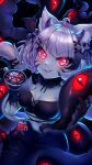  1girl :3 alheitrakzoth animal_ear_fluff animal_ears bangs black_gloves black_pantyhose blush breasts bustier cat_ears cat_girl cat_tail cup facial_mark fang gloves glowing glowing_eyes halloween head_wings holding holding_cup horns looking_at_viewer medium_breasts pandreemvtuber pantyhose red_eyes shyrei_faolan skirt tail tentacles virtual_youtuber vyugen whisker_markings 