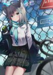  1girl absurdres animal_ear_fluff bag bangs black_skirt blue_archive blue_jacket blurry blurry_foreground blush breasts chain-link_fence closed_mouth clouds cowboy_shot cross_hair_ornament duffel_bag e_buki fence gloves green_eyes green_gloves grey_hair hair_ornament halo highres jacket long_hair long_sleeves looking_at_viewer off_shoulder outdoors pleated_skirt scarf shiroko_(blue_archive) shiroko_(cycling)_(blue_archive) shirt shirt_tucked_in sign sitting skirt small_breasts solo white_shirt 