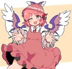  1girl animal_ears bird_ears bird_wings brown_dress brown_headwear dress earrings feet_out_of_frame fingernails frilled_dress frilled_sleeves frills green_nails grey_eyes hat highres ini_(inunabe00) jewelry long_fingernails long_sleeves mystia_lorelei nail_polish one_eye_closed open_mouth pink_hair sharp_fingernails short_hair single_earring smile solo touhou white_wings winged_hat wings 