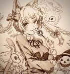 1girl :p animal_ears bow braid candy cat_ears cat_tail food hair_bow halloween highres holding holding_candy holding_food holding_lollipop kaenbyou_rin lollipop looking_at_viewer mizudori_(msarasoju) monochrome sketch slit_pupils swirl_lollipop tail tongue tongue_out touhou twin_braids 