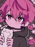  1boy :| animal bangs black_hoodie cat chibi chuchu_lip closed_mouth earrings expressionless expressions hair_between_eyes highres holding holding_animal holding_cat hood hoodie jewelry male_focus nqrse pink_eyes pink_hair pink_theme short_hair solo stud_earrings utaite_(singer) white_cat 