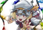  1girl blonde_hair crystal fang flandre_scarlet hat highres kiyonetto pointy_ears red_eyes solo touhou white_background wings 