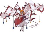  1girl adapted_costume ascot bangs bow bright_pupils closed_mouth cubism detached_sleeves full_body gohei hair_bow hair_over_one_eye hair_tubes harano_kaguyama highres horn_bow horn_ornament horn_ribbon horns ibuki_suika mary_janes nontraditional_miko orange_hair red_bow red_skirt red_vest ribbon ribbon-trimmed_sleeves ribbon_trim shapes shoes skirt solo standing touhou vest white_background white_pupils wide_sleeves 