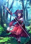  1girl absurdres animal_ears bangs black_footwear black_hair blush commentary_request day dress forest hair_between_eyes highres holding holding_polearm holding_weapon long_hair long_sleeves loose_socks nature nekone_(utawarerumono) open_mouth outdoors polearm puffy_long_sleeves puffy_sleeves red_dress red_eyes ribbed_legwear shirt shoes sleeves_past_wrists socks solo sweat tail teeth tree ugume upper_teeth utawarerumono utawarerumono:_itsuwari_no_kamen walking weapon white_shirt white_socks 