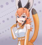  1girl animal_costume animal_ear_fluff animal_ears belt blue_eyes bow bowtie caracal_(kemono_friends) caracal_ears elbow_gloves gloves highres kemono_friends kemono_friends_v_project long_hair looking_at_viewer microphone multicolored_hair nokemono-san_(bocchi_friend) open_mouth orange_hair shirt simple_background skirt sleeveless sleeveless_shirt solo tail virtual_youtuber white_shirt 