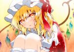  ascot collared_shirt crystal flandre_scarlet frilled_shirt_collar frilled_sleeves frills hat highres mob_cap one_side_up puffy_short_sleeves puffy_sleeves qqqrinkappp red_eyes red_vest shirt short_hair short_sleeves slit_pupils touhou traditional_media vest white_headwear white_shirt wrist_cuffs yellow_ascot 