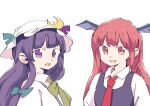  2girls :d akuma bangs blunt_bangs crescent hat head_wings highres koakuma long_hair looking_at_viewer multiple_girls necktie open_mouth patchouli_knowledge purple_hair redhead simple_background smile touhou violet_eyes white_background wings 
