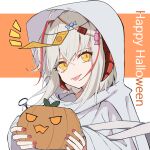  1girl :p ahoge antennae arknights bangs crossed_bangs cube_(cuberoot-of-e) demon_horns food ghost_costume grey_hair hair_between_eyes halloween_costume hands_up happy_halloween holding holding_food holding_pumpkin holding_vegetable hood hood_up horns looking_at_viewer notice_lines ofuda_on_head orange_background pumpkin red_nails short_hair solo tongue tongue_out two-tone_background upper_body vegetable w_(arknights) white_background yellow_eyes 