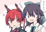  2girls :d akuma animal_ear_fluff animal_ears behind_another black_bow black_hair bow braid cat_ears extra_ears green_bow hair_bow highres kaenbyou_rin looking_at_another looking_to_the_side multiple_girls red_eyes redhead reiuji_utsuho smile touhou twin_braids 