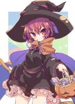  1girl basket black_dress black_headwear broom candy cloak closed_mouth cowboy_shot dress food halloween halloween_costume hat holding holding_basket holding_broom isu_(is88) jack-o&#039;-lantern lollipop long_sleeves looking_at_viewer red_eyes redhead sekibanki short_hair smile solo standing touhou witch witch_hat 