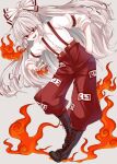  1girl :d black_footwear bow cross-laced_footwear fire fujiwara_no_mokou hair_bow hand_in_pocket long_hair long_sleeves looking_at_viewer multiple_bows open_mouth pants red_pants shirt smile solo suspenders touhou white_background white_bow white_hair white_shirt zetsumame 