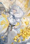  1boy arlizi blue_eyes blue_hair dress fate/grand_order fate_(series) flower ginkgo hand_on_hip highres insect_wings long_sleeves looking_at_viewer oberon_(fate) open_mouth petals smile white_dress wind wings yellow_flower 