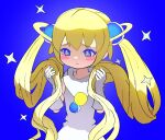 1girl akuukan_koneru bangs blonde_hair blue_background blue_eyes blush blush_stickers dress frown gloves gravity_beyond hyperspace long_hair looking_at_viewer sad simple_background solo sparkle symbol-shaped_pupils twintails two_side_up upper_body very_long_hair white_dress white_gloves