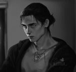  1boy artist_name blustock eren_yeager forehead greyscale hair_bun hair_slicked_back highres jacket lips male_focus monochrome portrait shingeki_no_kyojin single_hair_bun solo watermark 