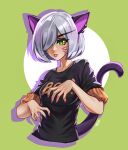 1girl animal_ears cat_ears cat_tail earrings green_eyes grey_hair hair_over_one_eye halloween imdrunkontea jewelry looking_at_viewer original purple_nails short_hair simple_background slit_pupils solo tail tongue tongue_out whiskers 